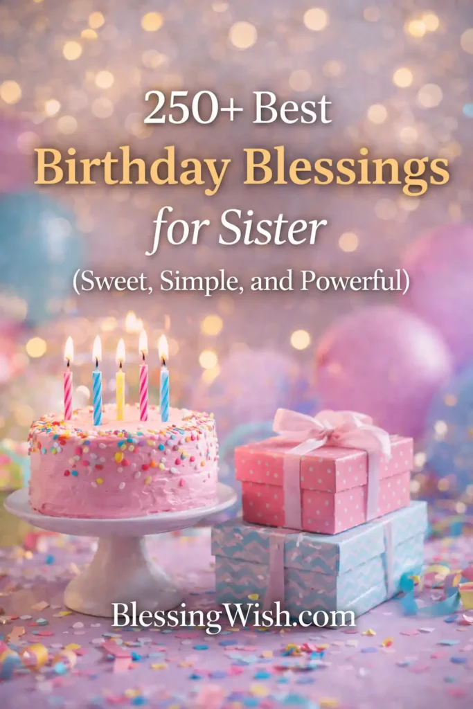 A pink frosted birthday cake with candles sits next to three pastel gift boxes and balloons, with text reading “250+ Best Birthday Blessings for Sister (Sweet, Simple, and Powerful)” and “BlessingWish.com.”.