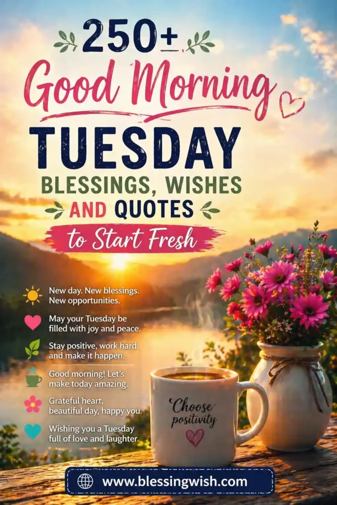 250+ Good Morning Tuesday Blessings, Wishes and Quotes to Start Fresh with sunrise background, coffee mug, flowers, and positive morning message – BlessingWish.com