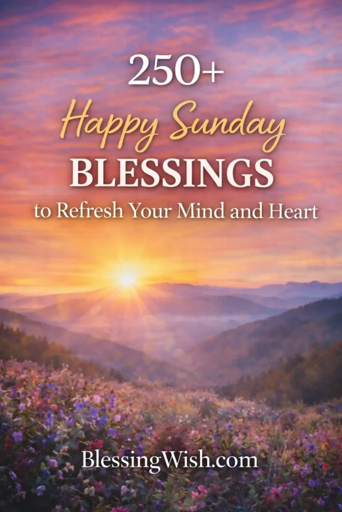 Sunrise over mountains and flowers with “250+ Happy Sunday Blessings to Refresh Your Mind and Heart” and BlessingWish.com footer.
