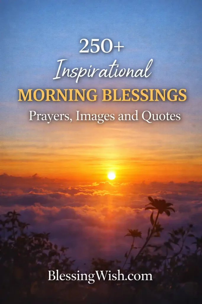 Sunrise over clouds with “250+ Inspirational Morning Blessings, Prayers, Images and Quotes” and BlessingWish.com footer.