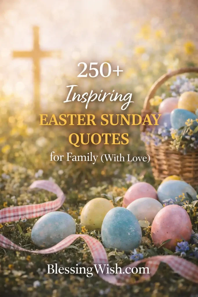 A warm, sunlit Easter scene featuring a wooden cross in the background and a grassy field filled with small flowers. In the foreground, pastel-colored Easter eggs (pink, blue, yellow) are scattered on the grass alongside a pink ribbon, with a wicker basket holding more decorated eggs to the right. Overlaid text reads: “250+ Inspiring Easter Sunday Quotes for Family (With Love)” and “BlessingWish.com.”