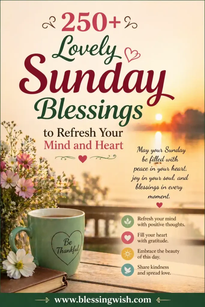 250+ Lovely Sunday Blessings to refresh your mind and heart with peaceful sunrise, flowers, and coffee scene with inspirational quotes and www.blessingwish.com footer