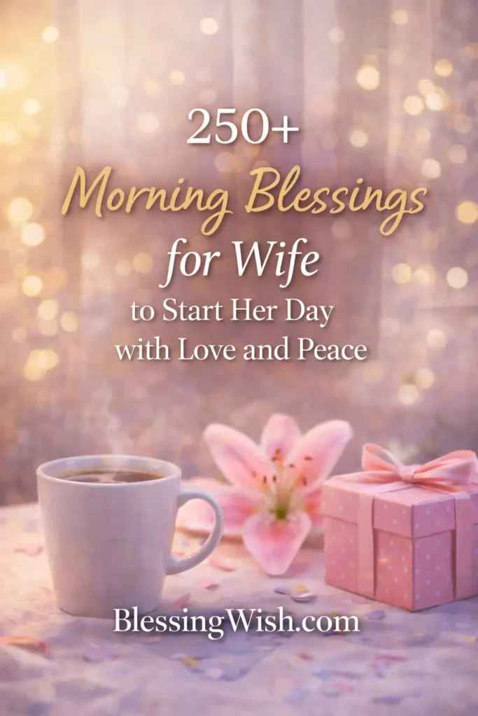 Morning coffee, pink flower and gift box with “250+ Morning Blessings for Wife” text and BlessingWish.com footer.
