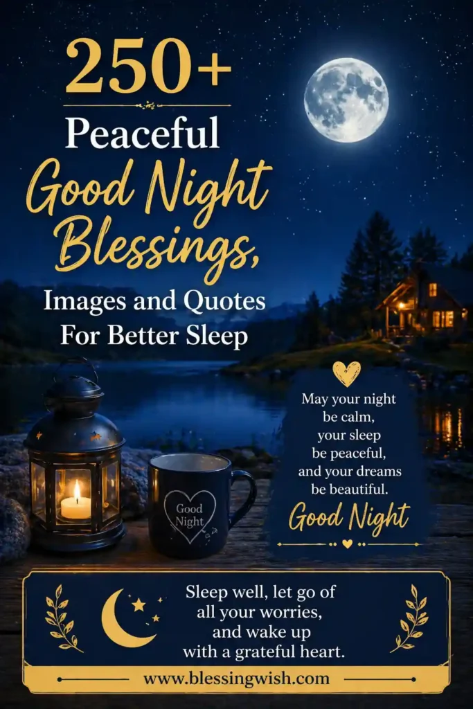 Peaceful good night blessings image with moonlit lake, cozy cabin, lantern light, and text “250+ Peaceful Good Night Blessings, Images and Quotes For Better Sleep” with www.blessingwish.com footer