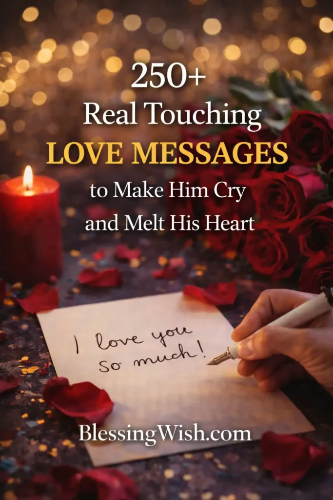 Romantic candlelight scene with roses and love note, featuring “250+ Real Touching Love Messages to Melt His Heart” text.