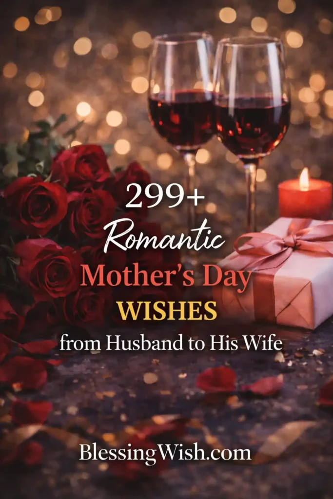 Romantic Mother’s Day themed image featuring two glasses of red wine, a bouquet of red roses, a lit candle, and a wrapped gift with a ribbon, set against a warm glowing background. Text reads: “299+ Romantic Mother’s Day Wishes from Husband to His Wife – BlessingWish.com.”