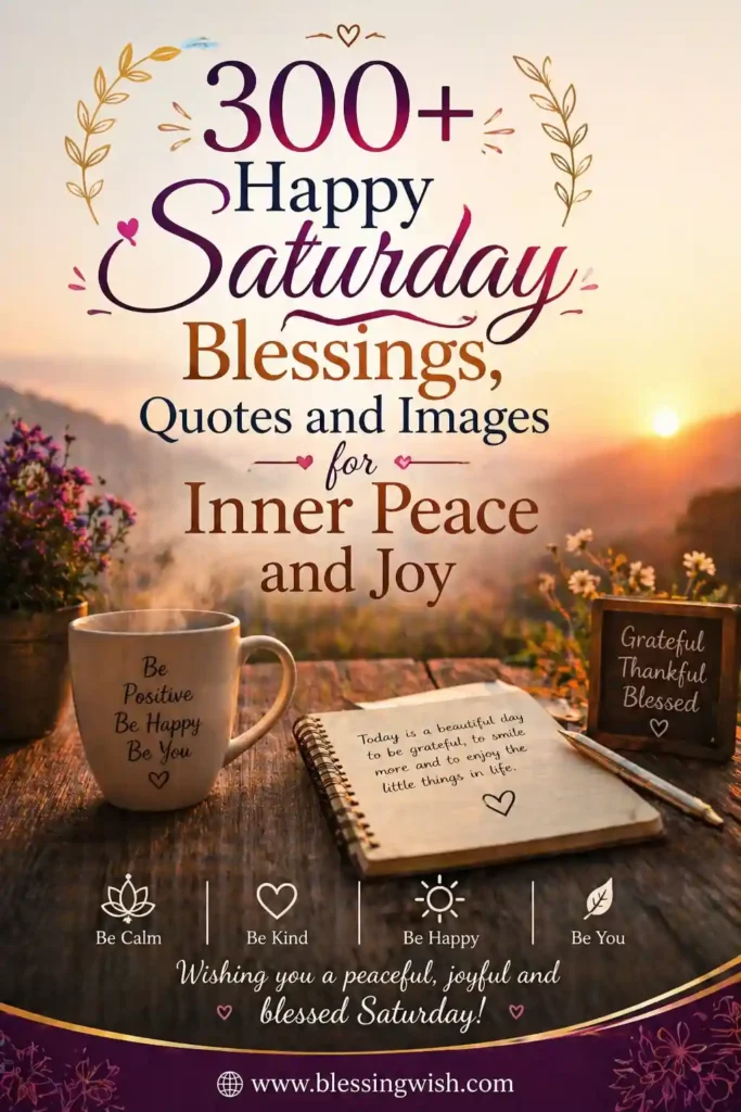 300+ Happy Saturday Blessings, Quotes and Images for Inner Peace and Joy with sunrise background, coffee cup, flowers, and motivational message - BlessingWish.com