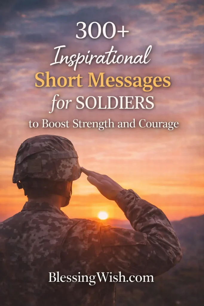 Soldier saluting at sunset with text “300+ Inspirational Short Messages for Soldiers” and BlessingWish.com footer.