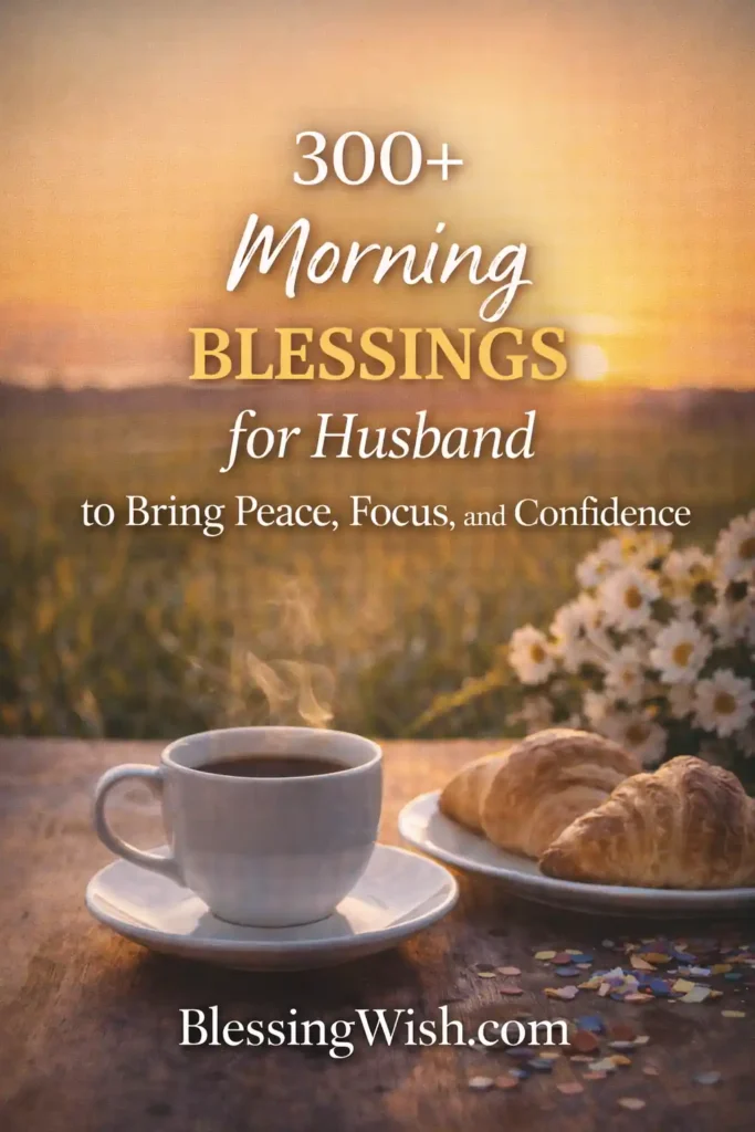 A warm sunrise scene over a grassy field with soft golden light. In the foreground, a steaming cup of coffee sits on a wooden table beside a plate with two croissants and a small bouquet of white flowers. Overlaid text reads “300+ Morning Blessings for Husband to Bring Peace, Focus, and Confidence,” with “BlessingWish.com” at the bottom.