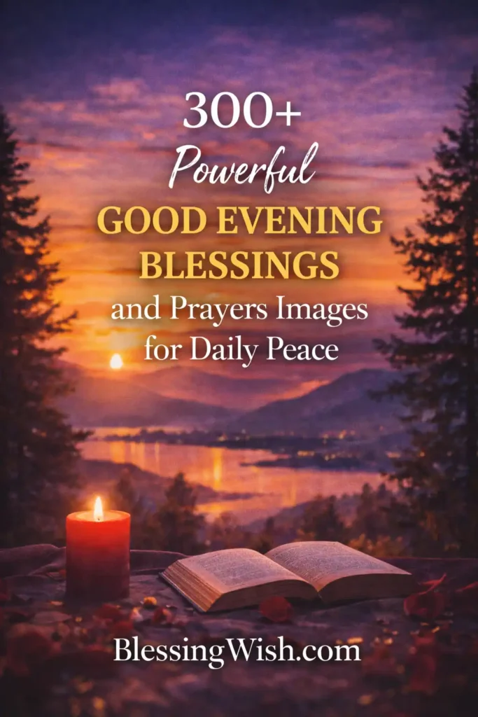 A peaceful sunset scene overlooking a lake and distant mountains, with warm orange and purple hues in the sky. In the foreground, a lit candle and an open book rest on a surface surrounded by scattered leaves. Overlaid text reads: “300+ Powerful GOOD EVENING BLESSINGS and Prayers Images for Daily Peace,” with “BlessingWish.com” at the bottom