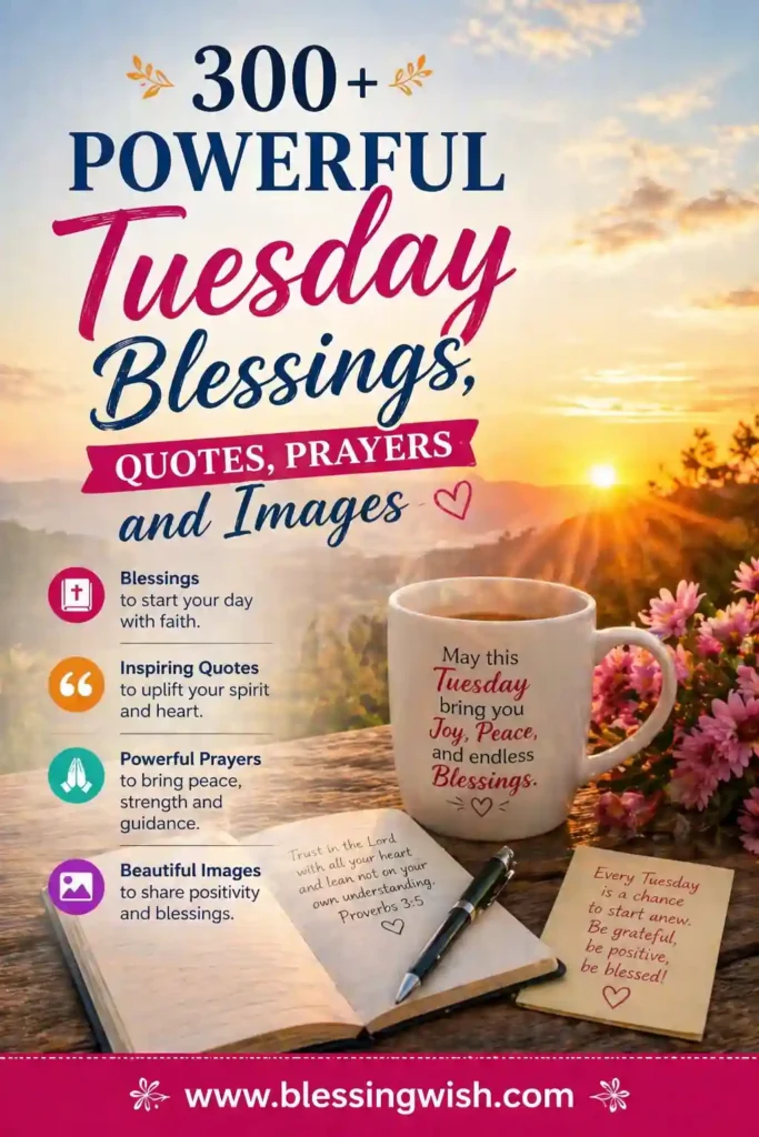 300+ Powerful Tuesday Blessings, Quotes, Prayers and Images with sunrise background, coffee mug, notebook, and www.blessingwish.com footer
