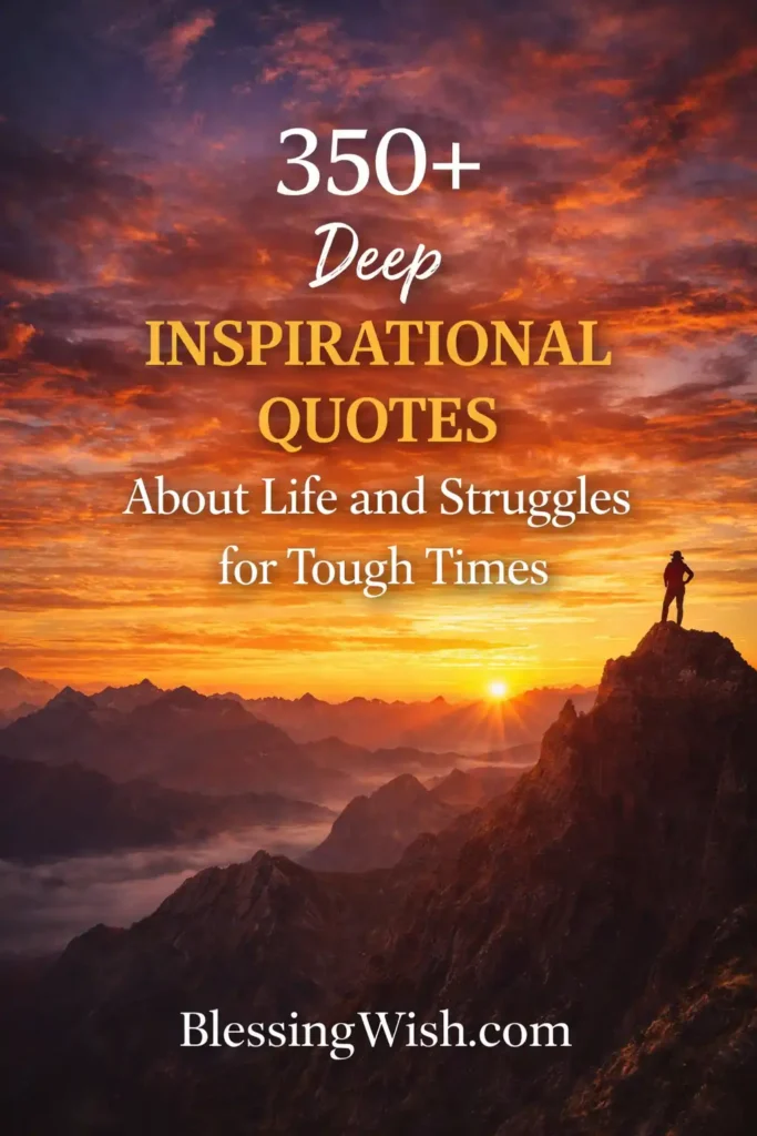 Inspirational mountain sunrise with “350+ Deep Inspirational Quotes About Life and Struggles for Tough Times” and BlessingWish.com footer.