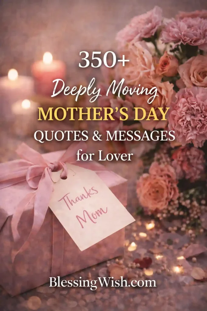 Mother’s Day themed image with a bouquet of pink flowers, lit candles, and a wrapped gift tied with a ribbon and a tag reading “Thanks Mom,” set against a soft, warm background with glowing lights. Text on the image reads: “350+ Deeply Moving Mother’s Day Quotes & Messages for Lover – BlessingWish.com.”