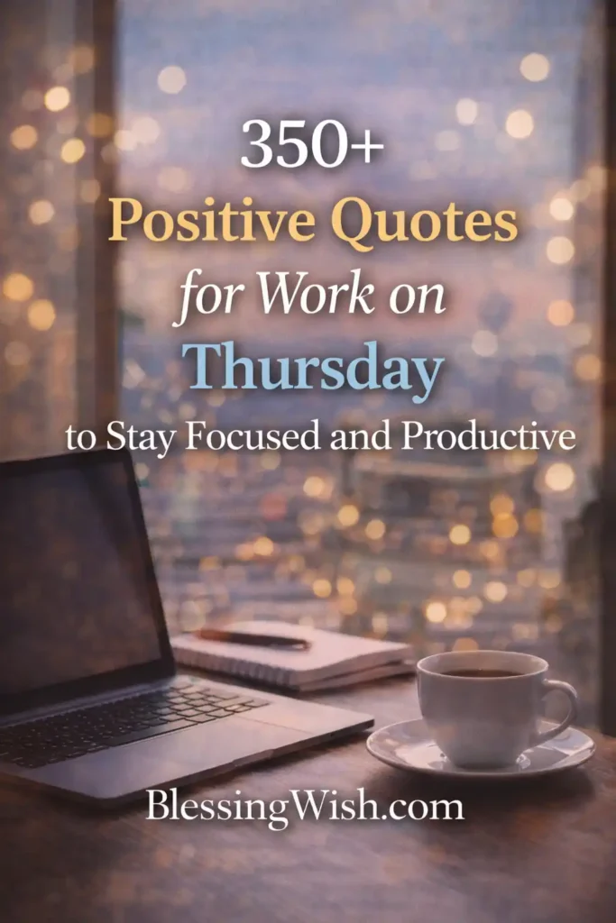 Laptop, coffee, and notebook on desk with city view, featuring “350+ Positive Quotes for Work on Thursday” and BlessingWish.com footer.