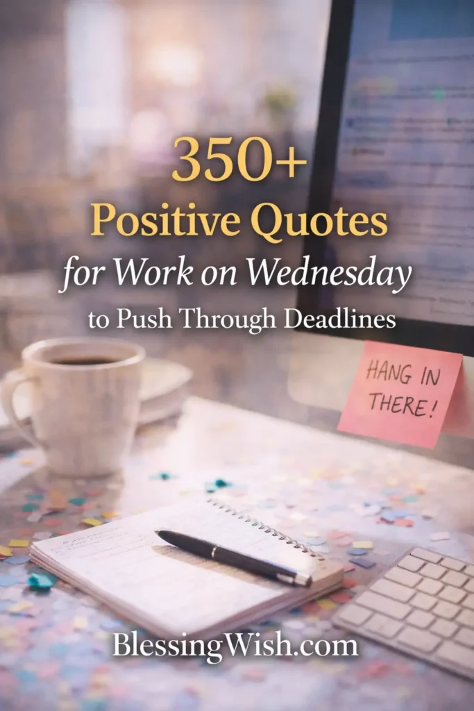 Desk with coffee, notebook, and sticky note, featuring “350+ Positive Quotes for Work on Wednesday” and BlessingWish.com footer.
