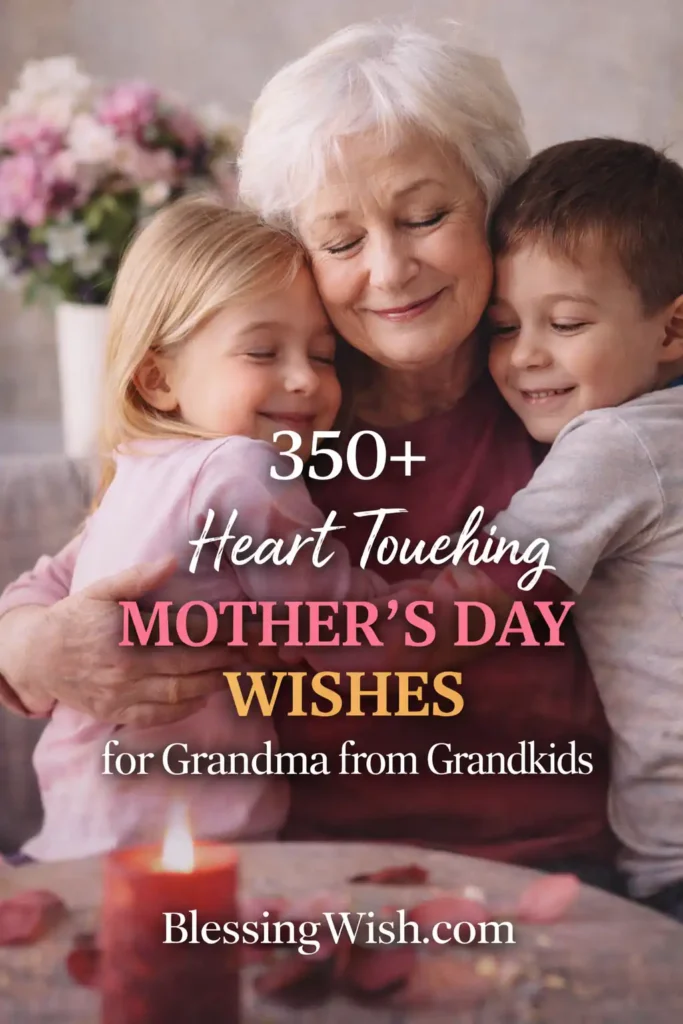 350+ Sweet Mother's Day Wishes for Grandma from Grandkids A smiling grandmother with short white hair hugs two young children—a girl and a boy—close to her, all with eyes closed in a warm, affectionate moment. A candle and soft floral background add a cozy atmosphere. Overlaid text reads: “350+ Heart Touching Mother’s Day Wishes for Grandma from Grandkids – BlessingWish.com.”