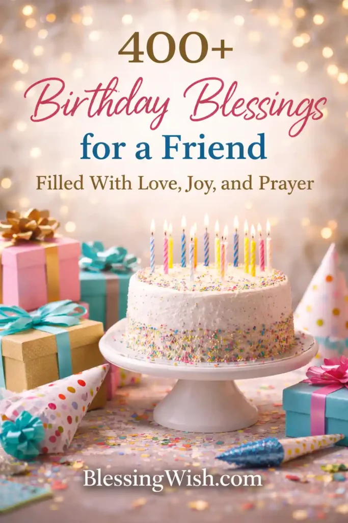 A festive birthday scene featuring a white frosted cake on a pedestal stand topped with colorful lit candles and rainbow sprinkles. Surrounding the cake are wrapped gift boxes in pastel colors with bows, party hats, and scattered confetti. Overlaid text reads: “400+ Birthday Blessings for a Friend Filled With Love, Joy, and Prayer,” with “BlessingWish.com” at the bottom. The background has warm, blurred golden lights, creating a celebratory atmosphere.