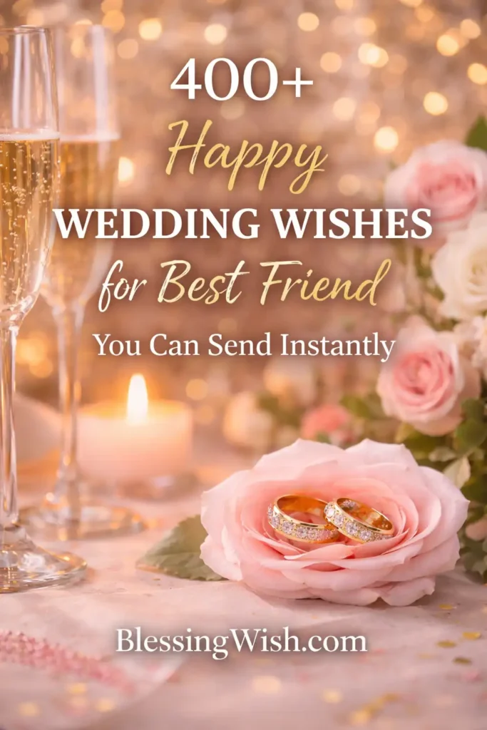 Two champagne glasses, a lit candle, pink roses, and two gold wedding rings are arranged on a soft, sparkling background. Text reads: 400+ Happy Wedding Wishes for Best Friend You Can Send Instantly. BlessingWish.com.