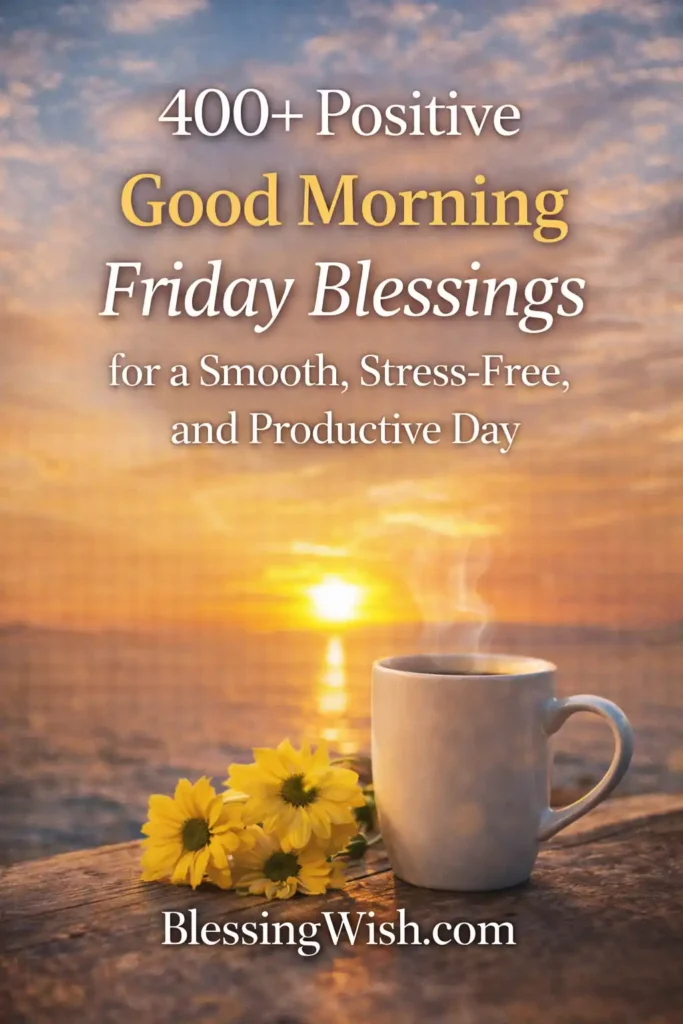 Sunrise over water with coffee cup and flowers, featuring “400+ Positive Good Morning Friday Blessings” and BlessingWish.com footer.