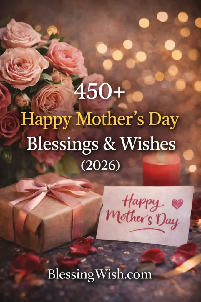450+ Happy Mother's Day Blessings & Wishes (2026) Mother’s Day themed image featuring a bouquet of pink roses, a wrapped gift with a ribbon, a lit candle, and a card that reads “Happy Mother’s Day,” set against a warm, glowing bokeh background. Text on the image reads: “450+ Happy Mother’s Day Blessings & Wishes (2026) – BlessingWish.com.”