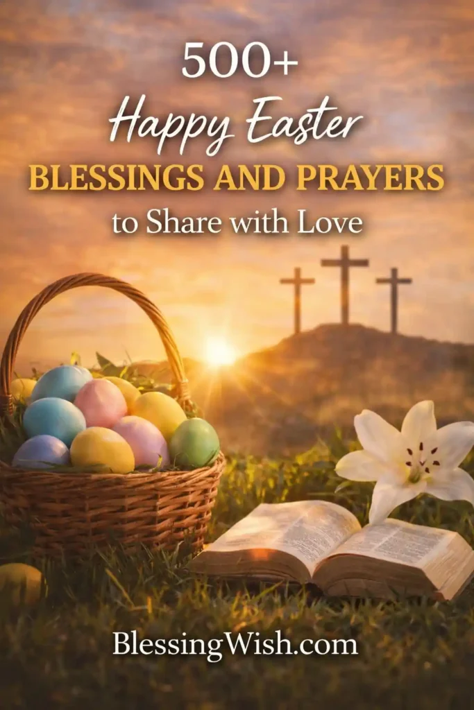 500+ Happy Easter Blessings and Prayers to Share with Love Easter basket with colorful eggs, open Bible, and white lily at sunrise with crosses in the background, symbolizing happy Easter blessings and prayers.