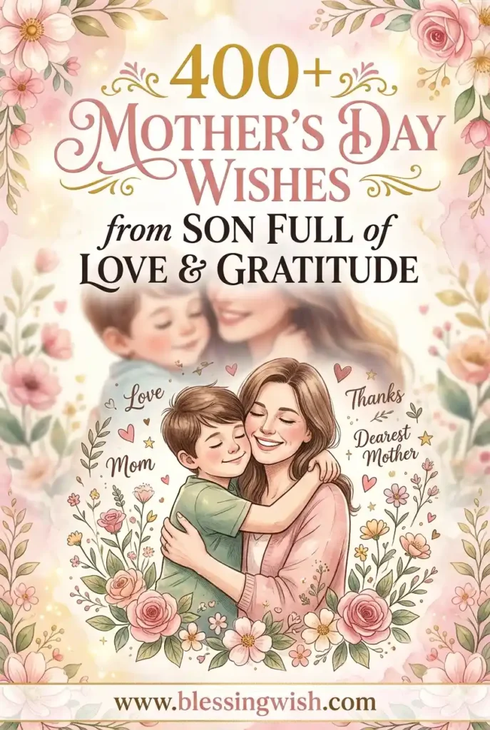 Illustrated image of a smiling mother and son hugging, surrounded by flowers and words like Love, Thanks, and Dearest Mother. Text reads 400+ Mothers Day Wishes from Son Full of Love & Gratitude.