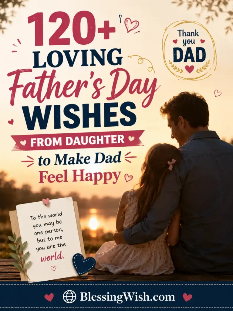 120+ Loving Father’s Day wishes from daughter with happy dad and daughter at sunset and BlessingWish.com footer.