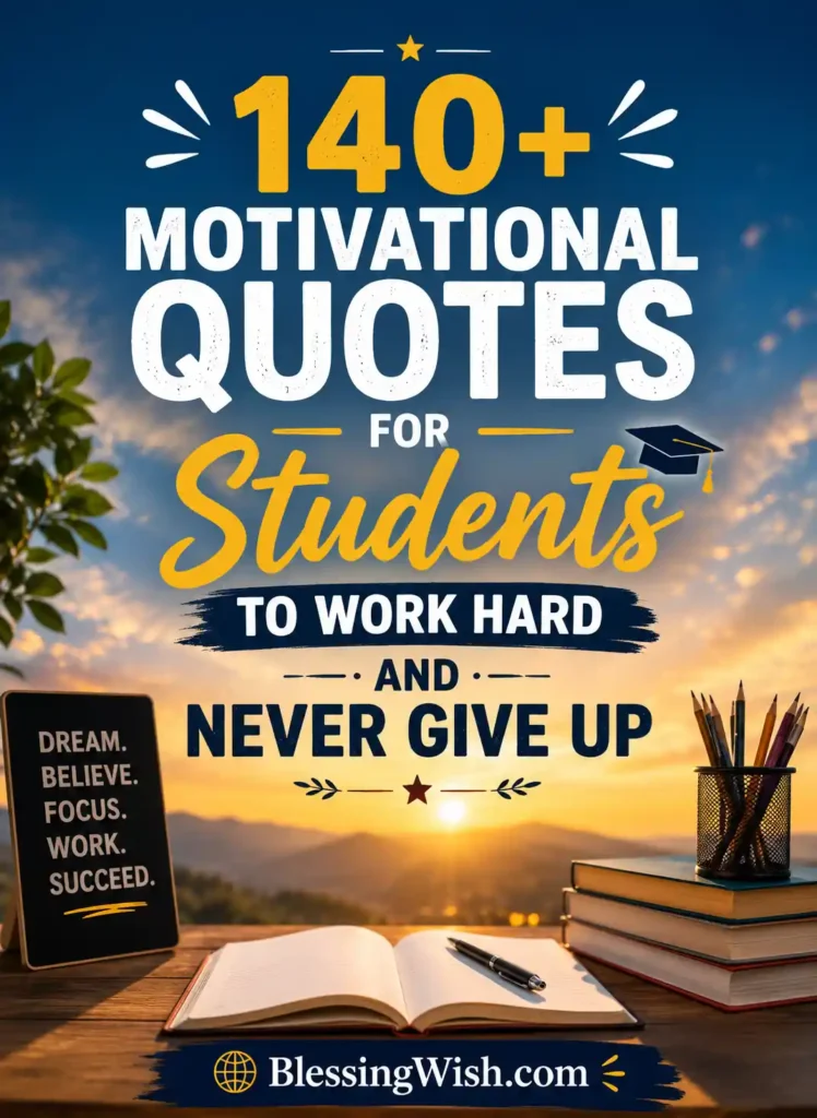 140+ motivational quotes for students to work hard and never give up with inspiring study desk and sunrise background.
