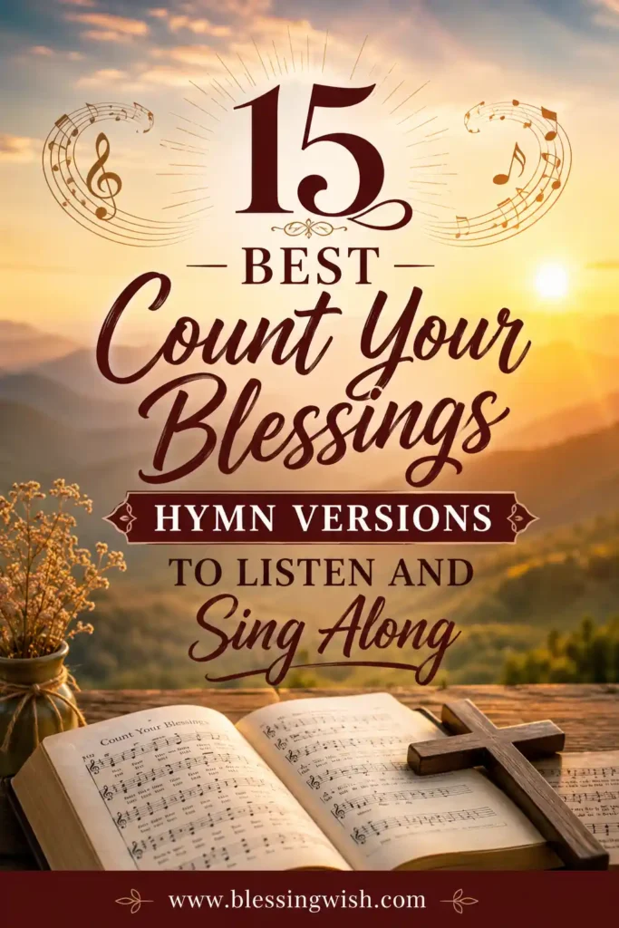 15 Best Count Your Blessings Hymn Versions to Listen and Sing Along with Bible, cross, musical notes, and sunrise background | BlessingWish.com