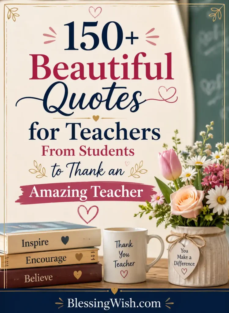 Beautiful teacher appreciation graphic with flowers, books, and heartfelt quotes for students thanking an amazing teacher.