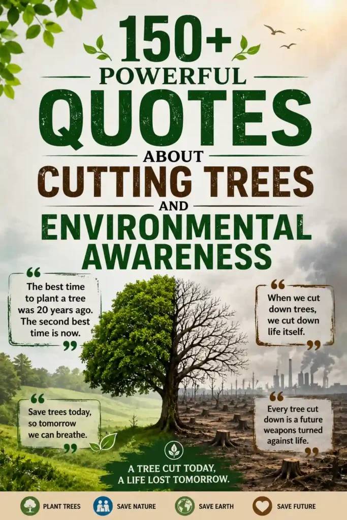 Environmental awareness poster with tree-cutting quotes, split nature scene, green typography, and deforestation warning design.