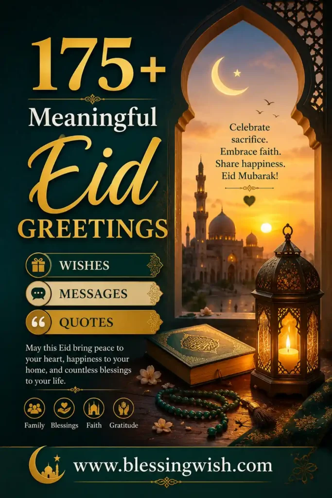 Elegant 9:16 Islamic Eid greeting poster with gold and teal colors, featuring “175+ Meaningful Eid Greetings” text, mosque at sunset, glowing lantern, Quran, prayer beads, crescent moon, and BlessingWish.com footer.