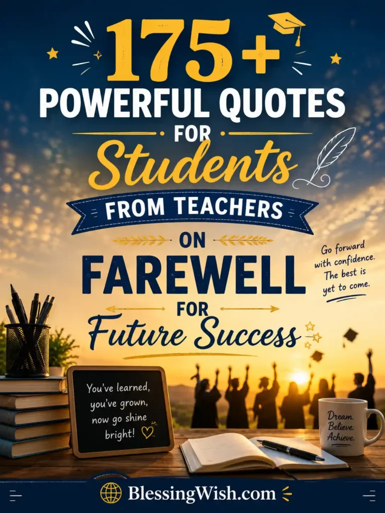 175+ powerful quotes for students from teachers on farewell with graduation scene, books, sunset background, and success theme.