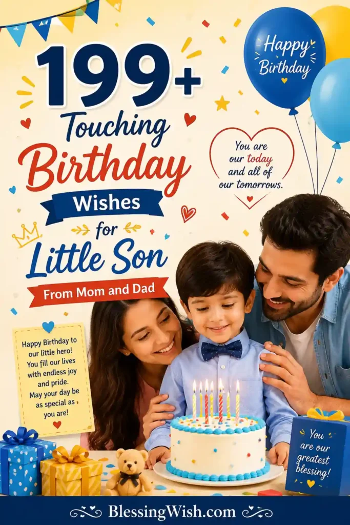Colorful birthday card for little son with balloons, cake, loving parents, gifts, and heartfelt wishes from mom and dad.