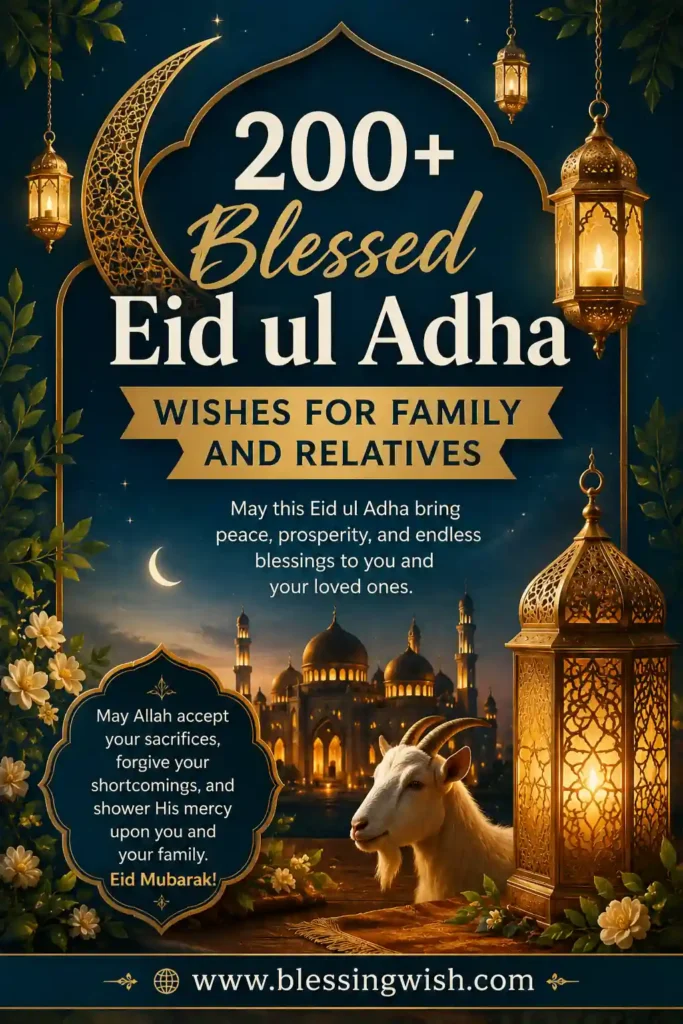 Eid ul Adha greeting with mosque, lanterns, and goat. Text: “200+ Blessed Eid ul Adha Wishes for Family and Relatives” and www.blessingwish.com in footer.