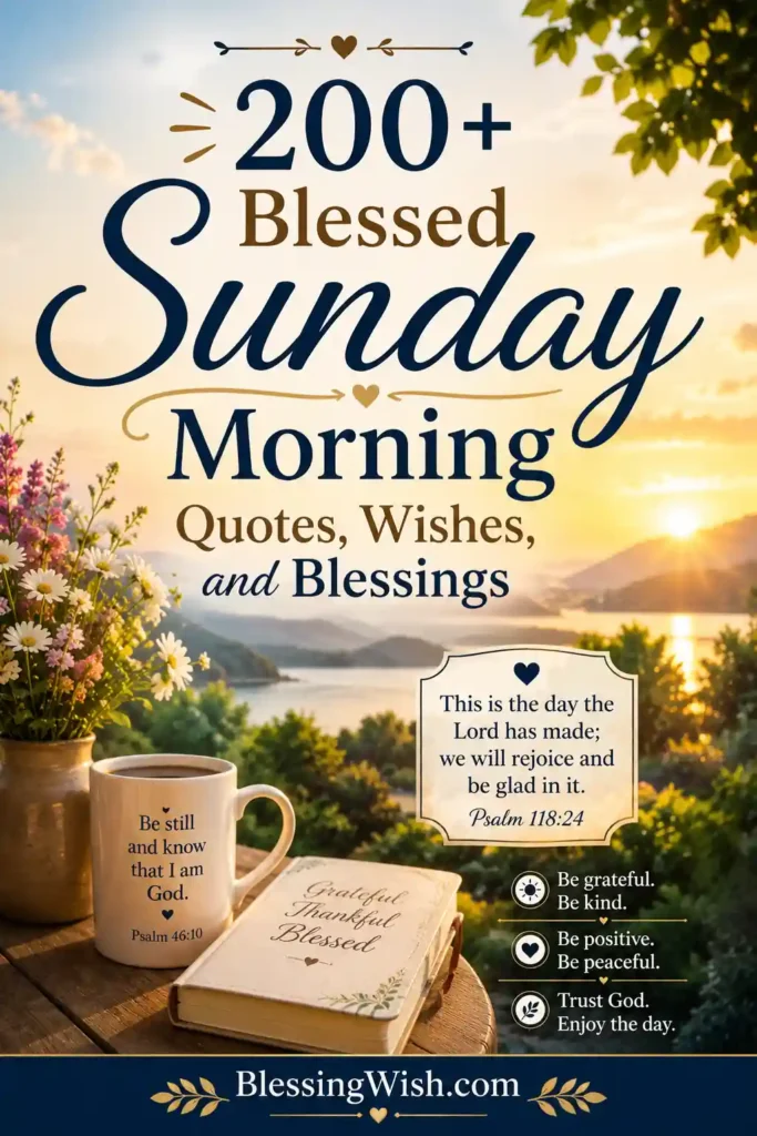 Beautiful Sunday morning blessings image with sunrise lake view, flowers, coffee mug, Bible verses, and inspirational quotes in warm golden tones.