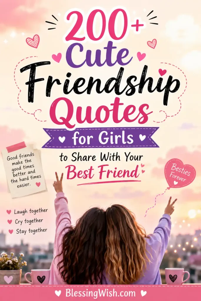 Cute friendship quotes poster for girls with pink pastel design, best friends illustration, hearts, and BlessingWish.com footer.