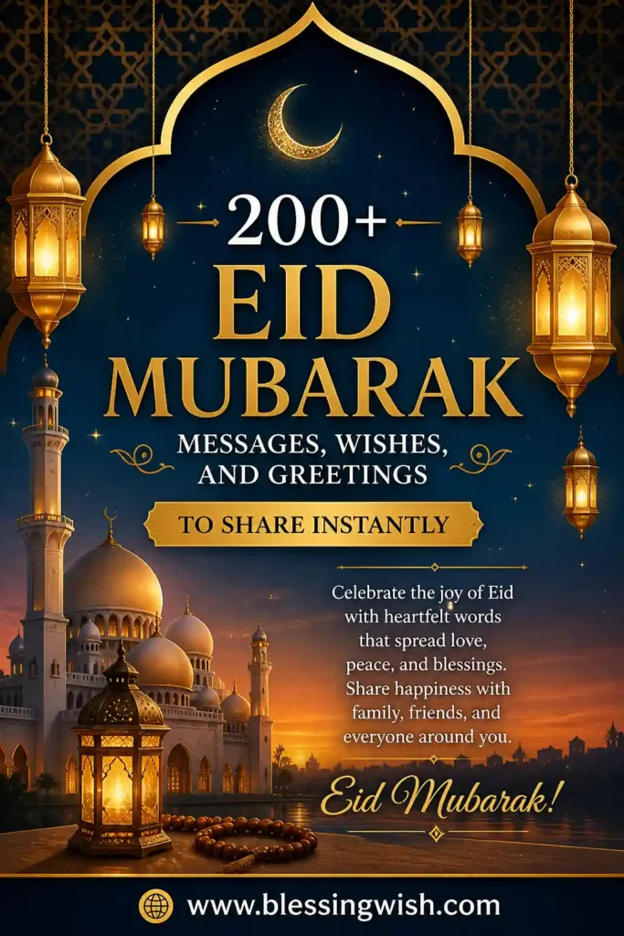 200+ Eid Mubarak Messages, Wishes, and Greetings poster with mosque, crescent moon, lanterns, and www.blessingwish.com footer