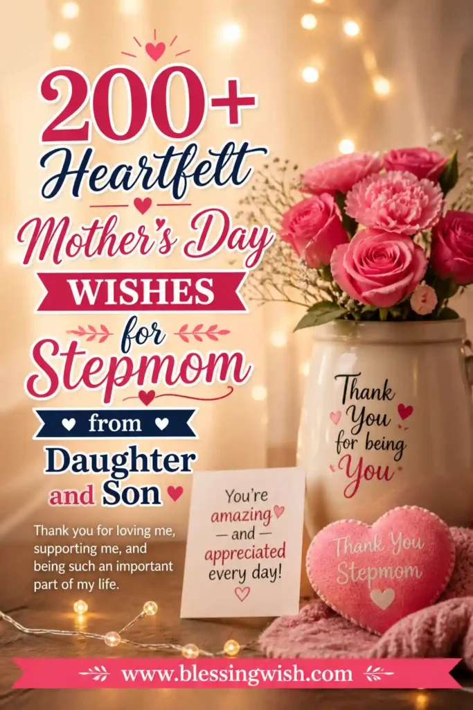200+ Heartfelt Mother’s Day Wishes for Stepmom from Daughter and Son with flowers, gift card, and warm cozy background – BlessingWish.com