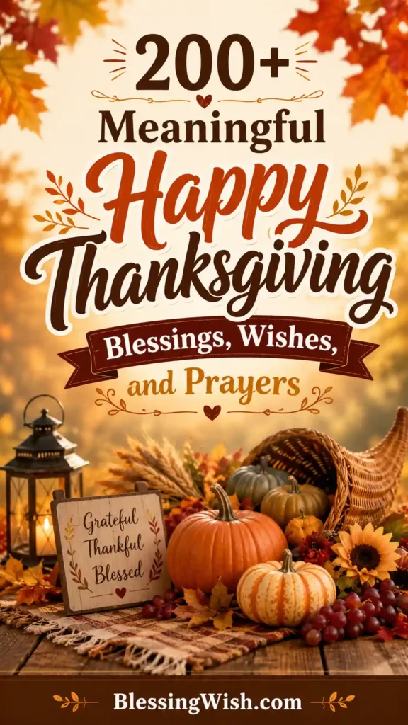 Thanksgiving blessing image with pumpkins, fall leaves, lanterns, and “200+ Meaningful Happy Thanksgiving Blessings” text.