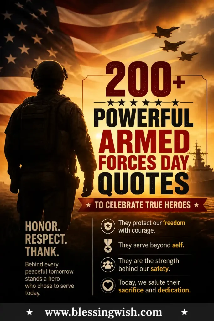 Powerful Armed Forces Day poster with a soldier silhouette, American flag, fighter jets, and bold text honoring heroes, featuring “200+ Powerful Armed Forces Day Quotes” and BlessingWish.com footer.