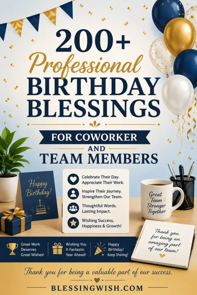 Professional birthday blessings poster for coworkers and team members with balloons, confetti, office desk items, and elegant blue-gold design.