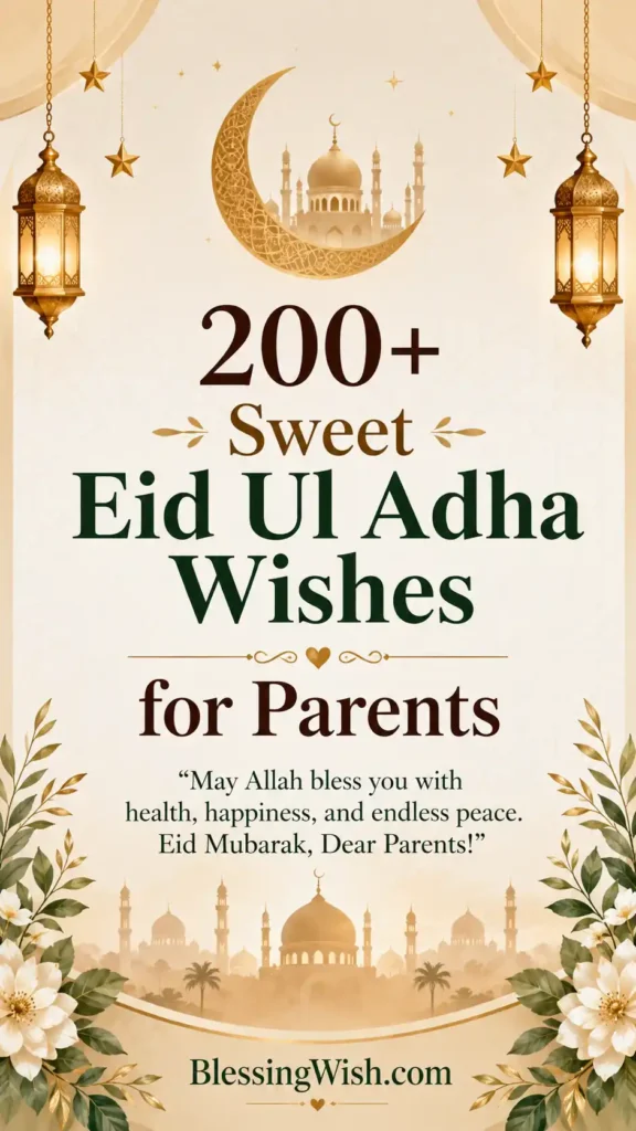 Elegant Eid ul Adha wishes card for parents with golden lanterns, crescent moon, mosque art, floral corners, and warm Islamic design.