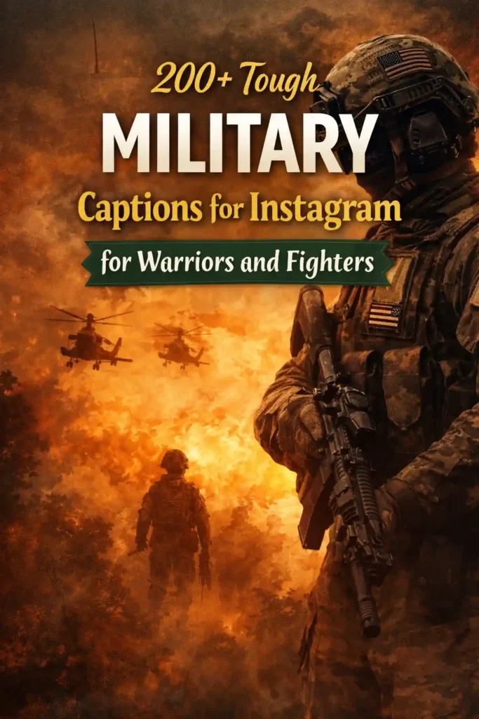 Military-themed Instagram poster featuring armed soldiers, helicopters, and fiery battlefield background with bold caption title for warriors and fighters.