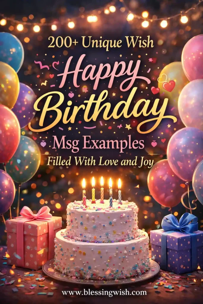 Colorful birthday cake, balloons, gifts, and festive lights with stylish Happy Birthday message text and BlessingWish website footer.