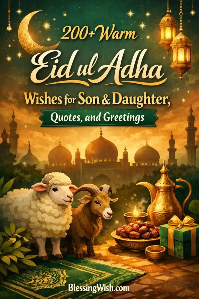 Elegant Eid ul Adha poster with mosque skyline, lanterns, sheep and goat, featuring wishes for son and daughter with BlessingWish.com footer.