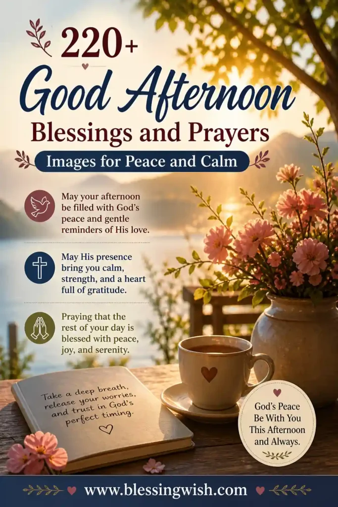 220+ Good Afternoon Blessings and Prayers Images for Peace and Calm with a serene lakeside scene, flowers, tea cup, and inspirational faith messages | BlessingWish.com