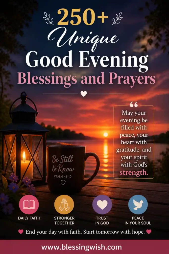 250+ Unique Good Evening Blessings and Prayers Images for Daily Faith and Strength with sunset lake view, glowing lantern, coffee mug, and inspirational quote, BlessingWish.com footer