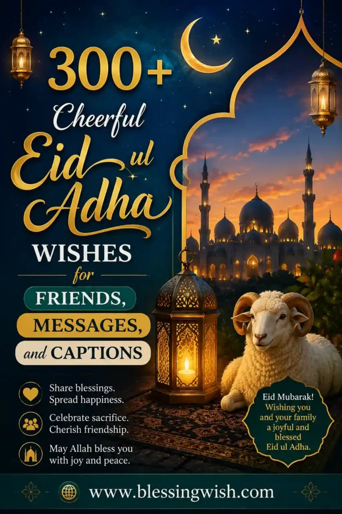 Elegant Eid ul Adha greeting poster featuring a glowing lantern, mosque at sunset, crescent moon, sheep, and golden typography with the title “300+ Cheerful Eid ul Adha Wishes for Friends, Messages, and Captions” and footer text “www.blessingwish.com” .