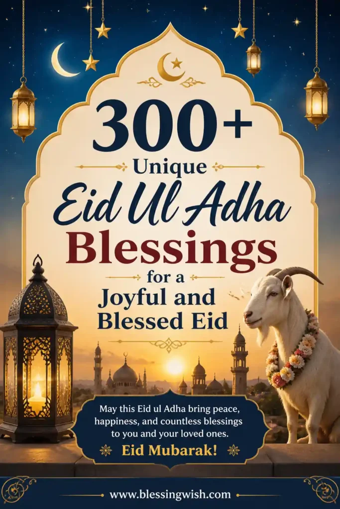 300+ Unique Eid Ul Adha Blessings poster with crescent moon, lanterns, mosque skyline, and goat, featuring joyful and blessed Eid message and BlessingWish.com footer